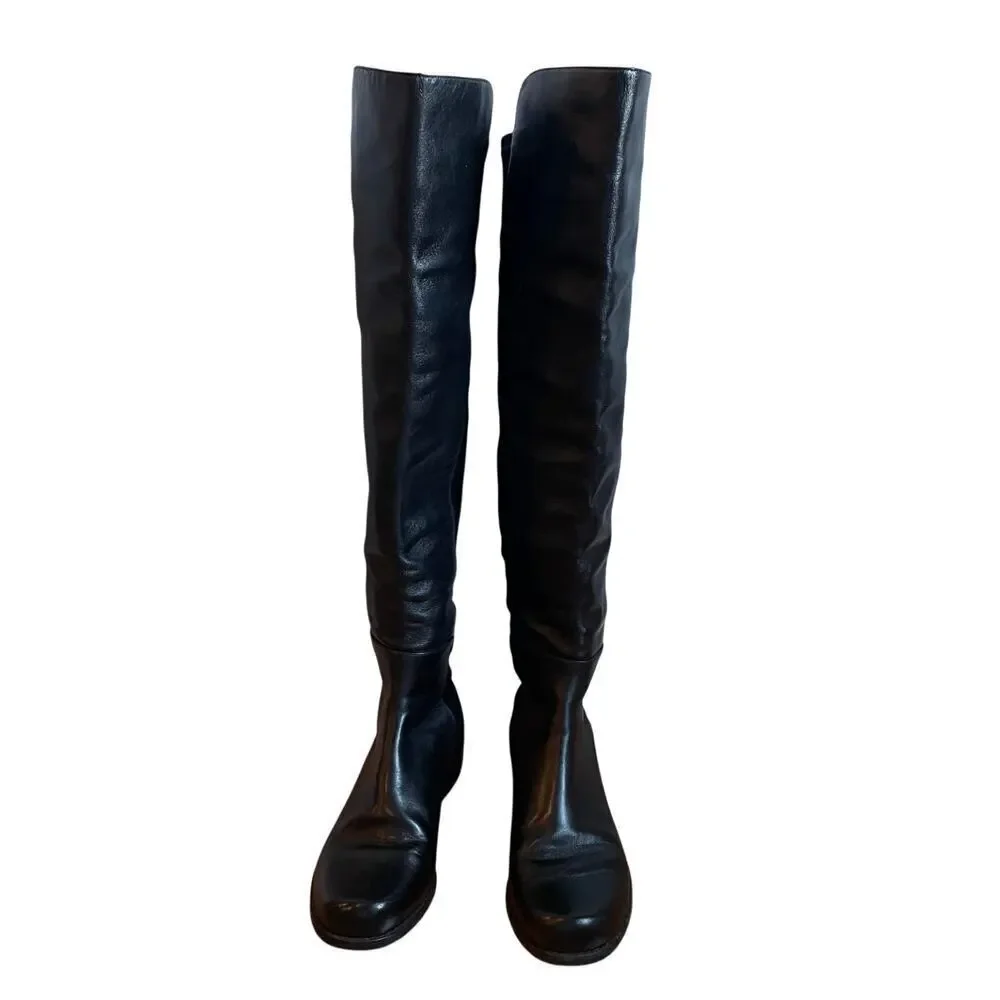 Stuart Weitzman 5050 Black Leather Elastic Back Round Toe Tall Boots EU35.5 US5
